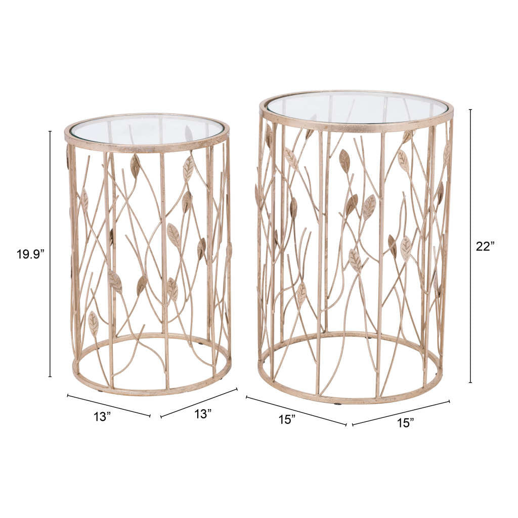 Set of Two Leaf Gold and Glass Side Tables