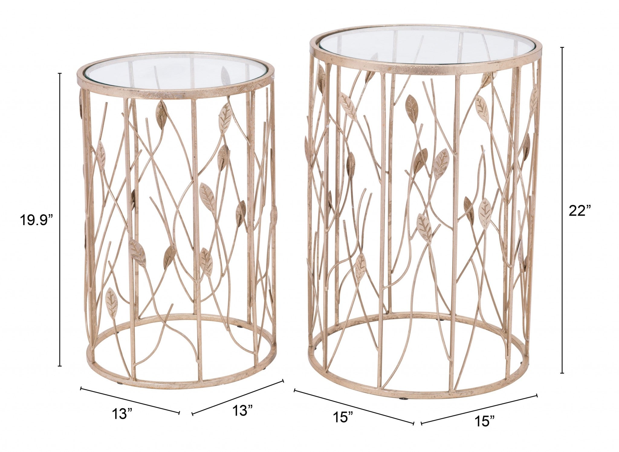 Set of Two Leaf Gold and Glass Side Tables