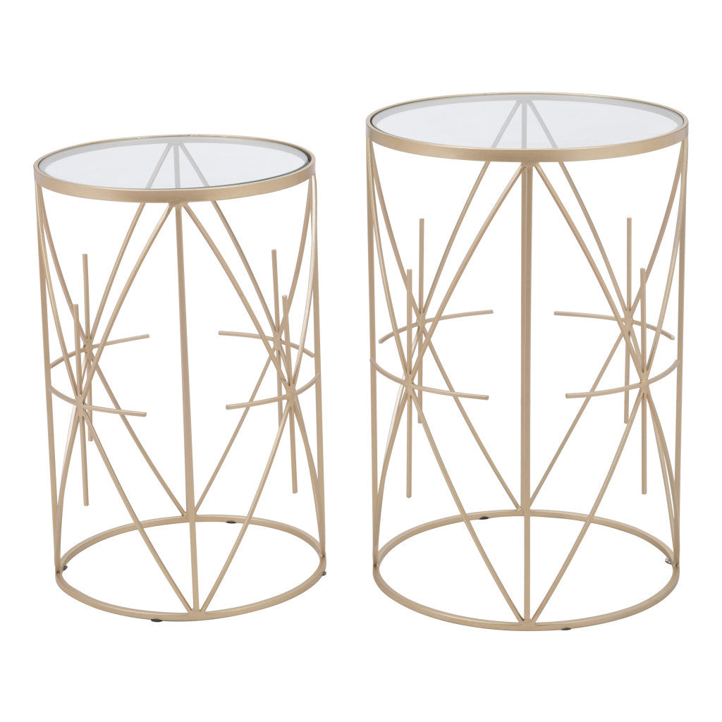 Set of Two Geometric Gold and Glass Side Tables