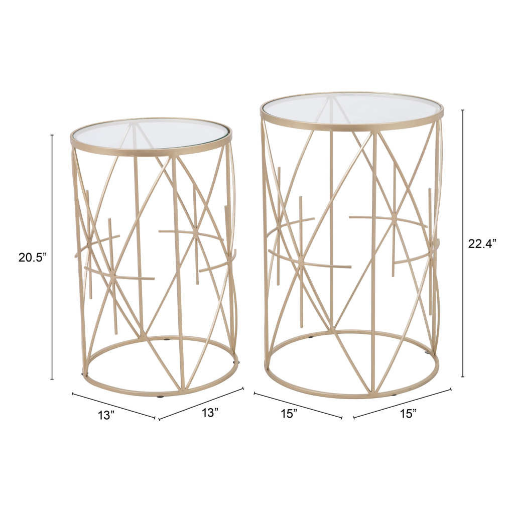 Set of Two Geometric Gold and Glass Side Tables