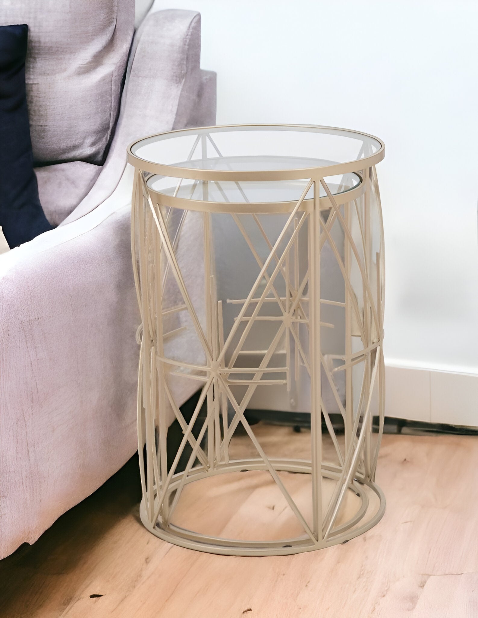 Set of Two Geometric Gold and Glass Side Tables