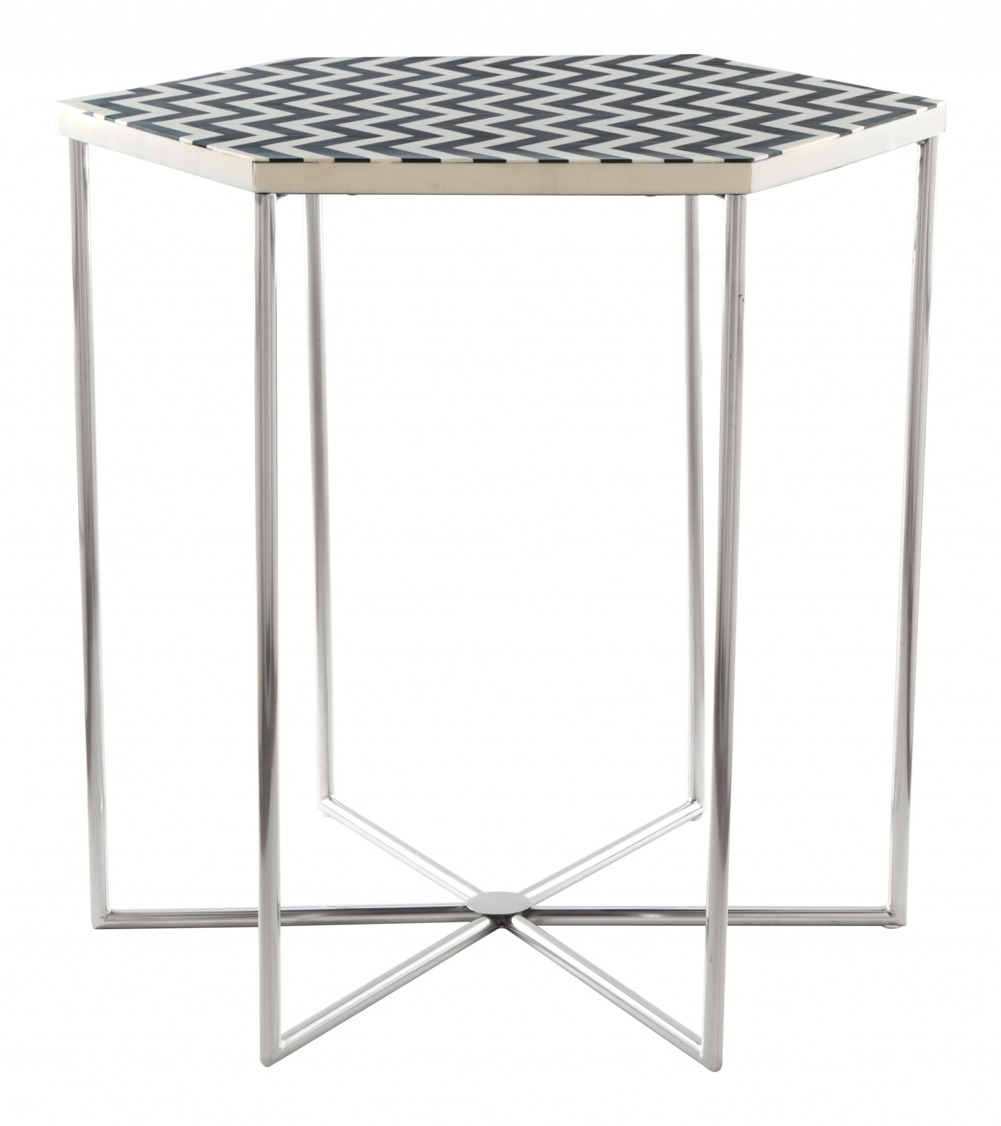 21" Silver And Black And White Stone Hexagon End Table