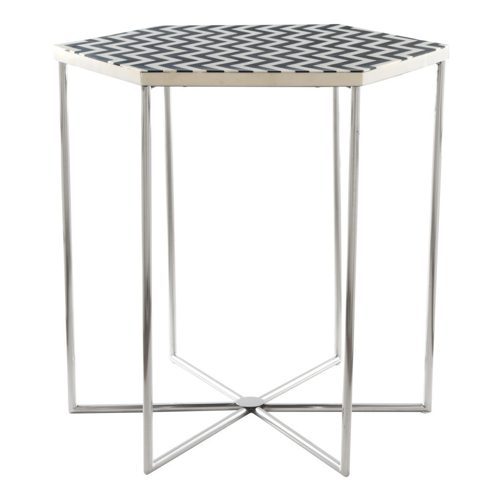 21" Silver And Black And White Stone Hexagon End Table