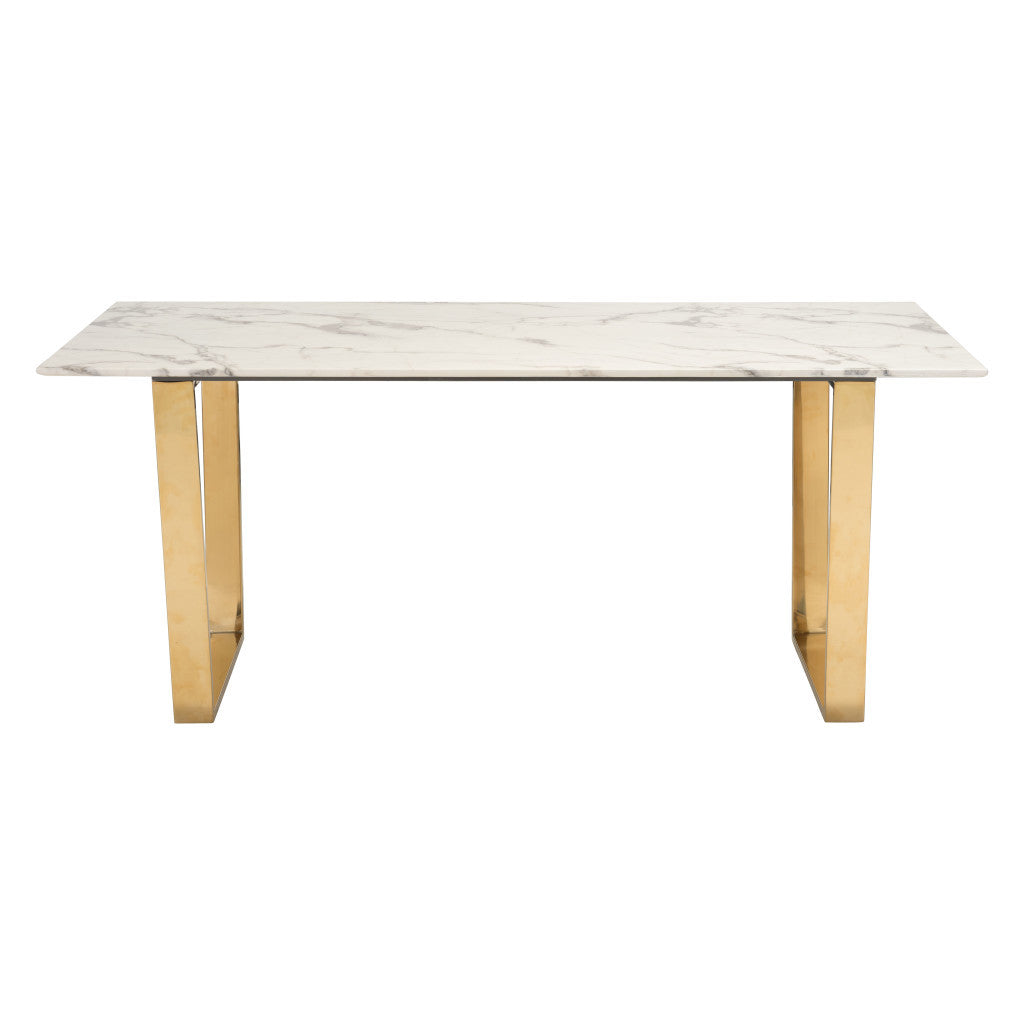 71" White And Gold Faux Marble And Steel Sled Base Dining Table