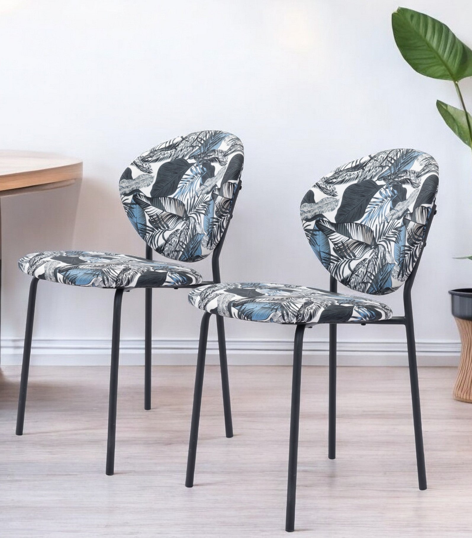 Set of Two Blue Black and White Tropical Design Dining or Side Chairs