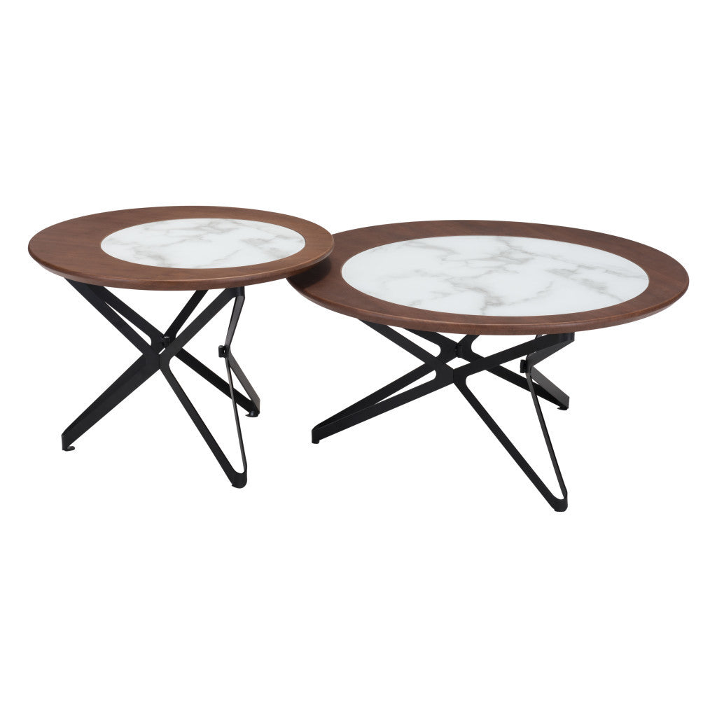 Set of Two 32" Brown White And Black Manufactured Wood Glass And Steel Round Bunching Coffee Tables