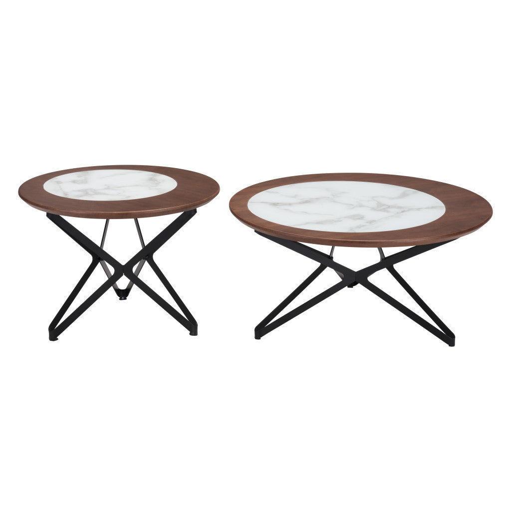 Set of Two 32" Brown White And Black Manufactured Wood Glass And Steel Round Bunching Coffee Tables