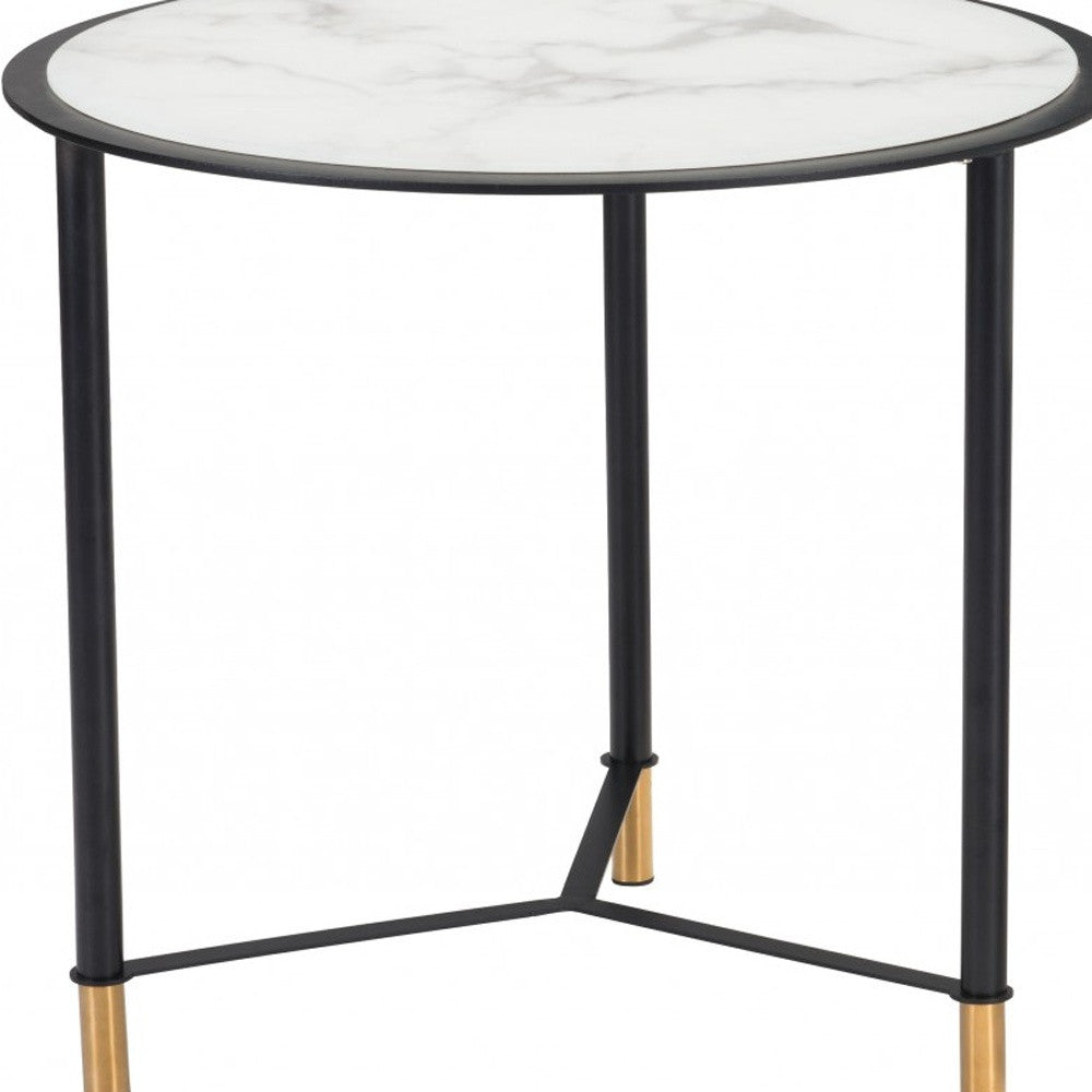 Set of Two 32" White And Black Glass Faux Marble And Steel Round Bunching Coffee Tables