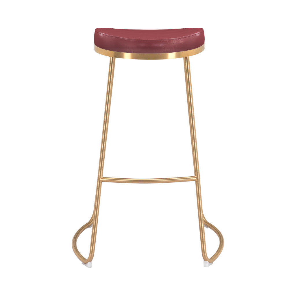 Set of Two 31" Burgundy And Gold Steel Backless Bar Height Bar Chairs