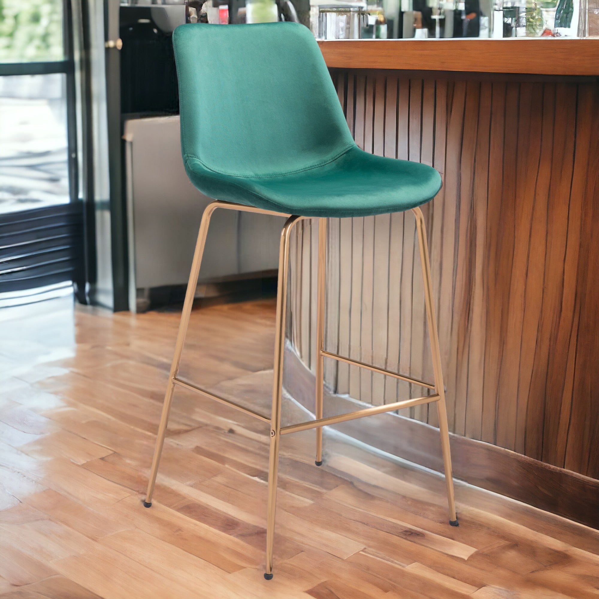 31" Green And Copper Steel Low Back Bar Height Bar Chair