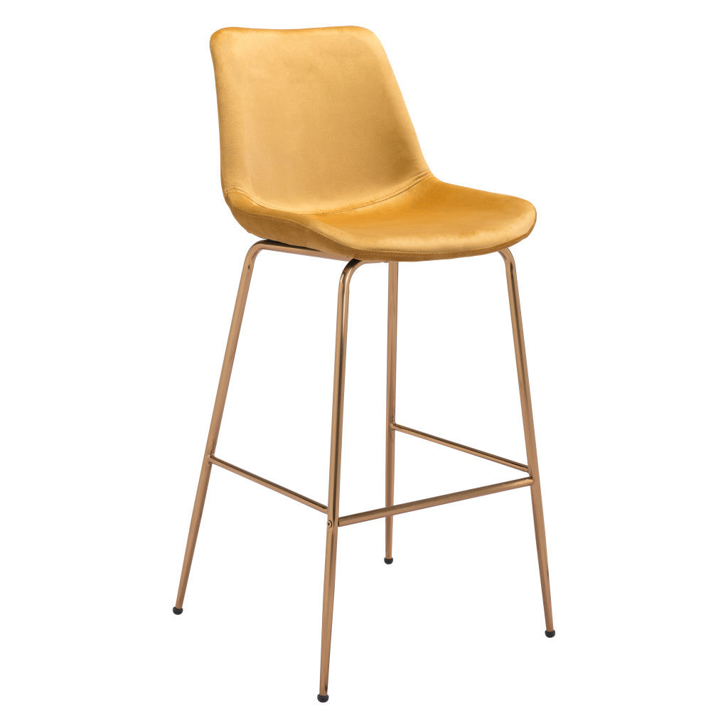 31" Yellow And Gold Velvet And Steel Low Back Bar Height Bar Chair