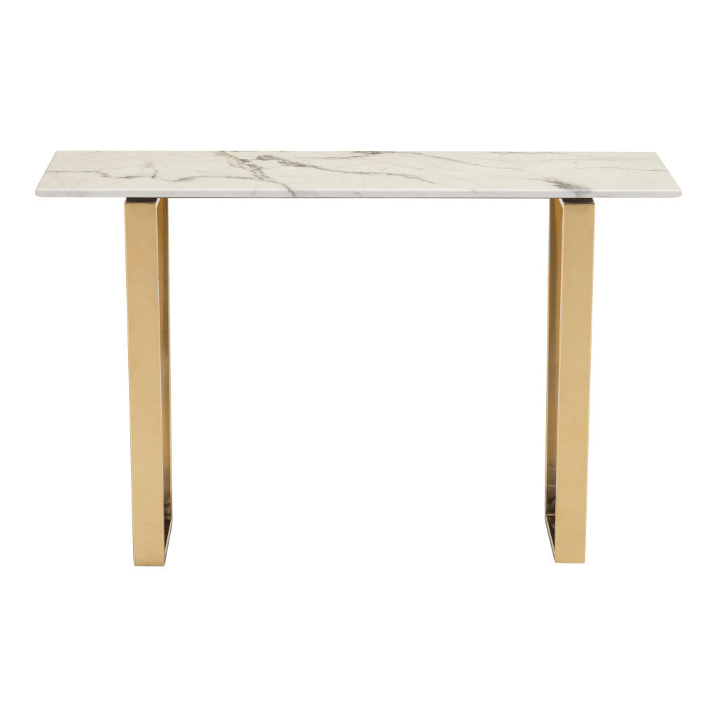 47" White and Gold Faux Marble Sled Console Table