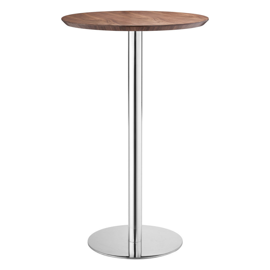 26" Brown and Silver Round Stainless Steel Pedestal Bar Table