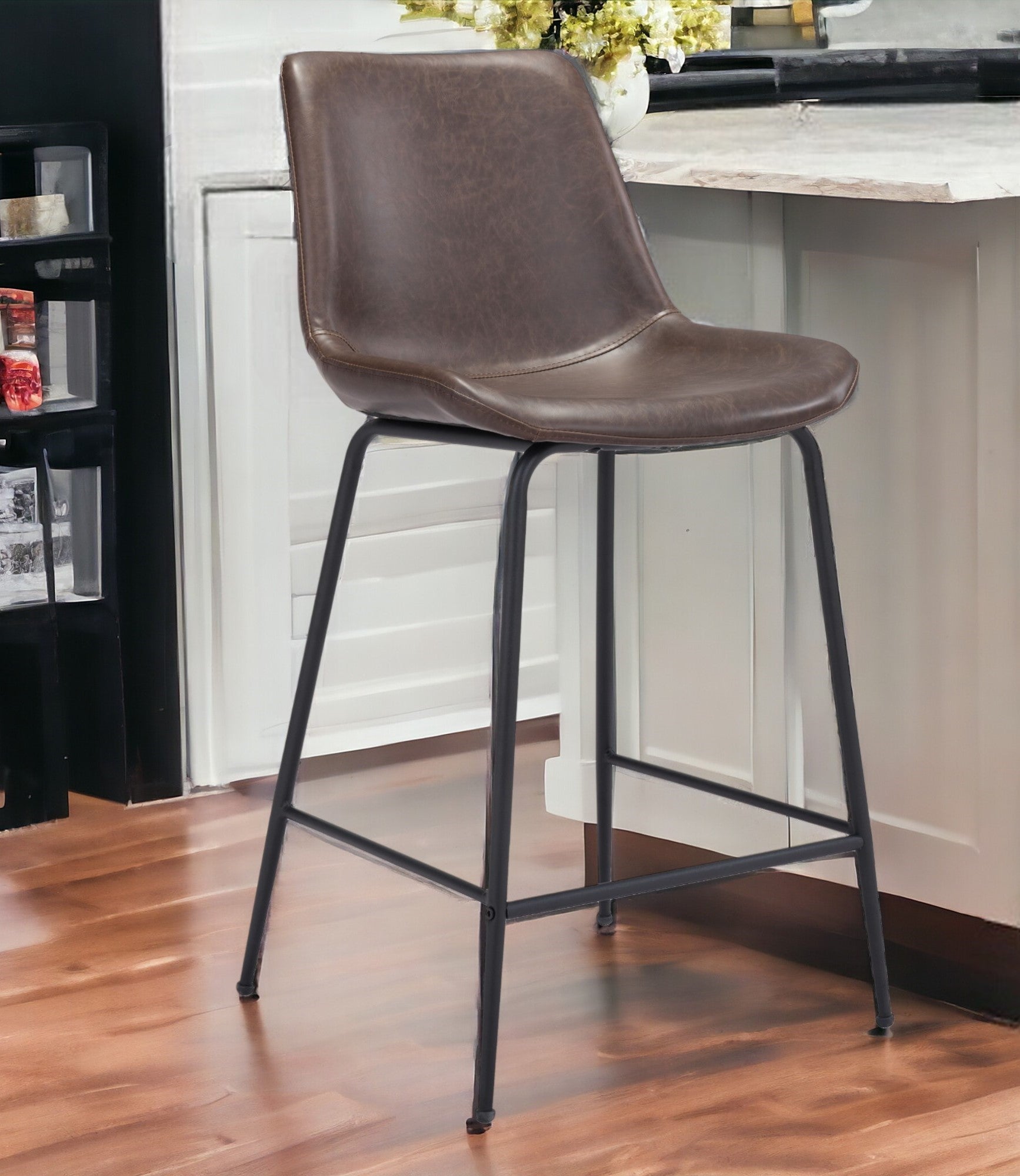 26" Brown And Black Steel Low Back Counter Height Bar Chair