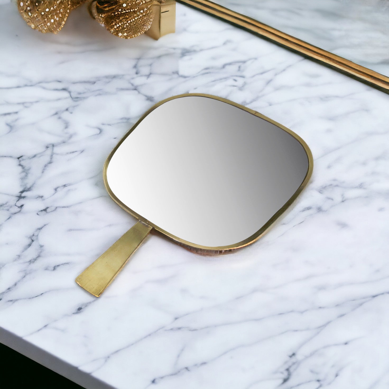 11" Golden Square Frame Handheld Mirror