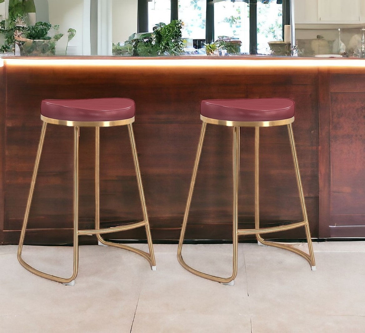 Set of Two 26" Red And Gold Stainless Steel Backless Counter Height Bar Chairs