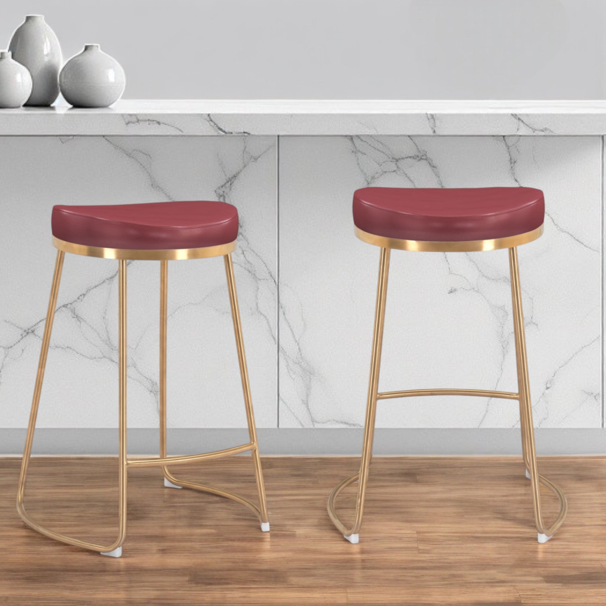 Set of Two 26" Red And Gold Stainless Steel Backless Counter Height Bar Chairs