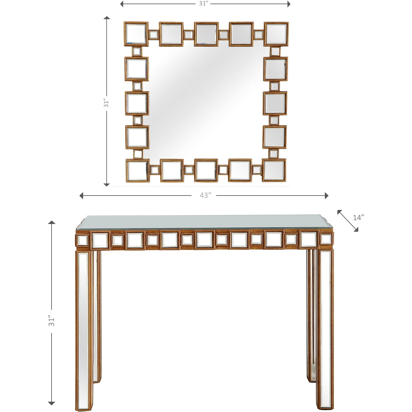 43" Gold Mirrored Glass Console Table