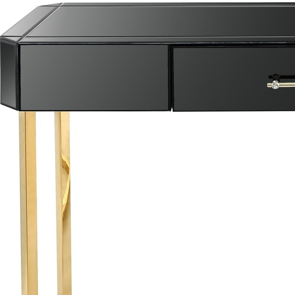 47" Black and Gold Mirrored Glass Frame Console Table And Drawers