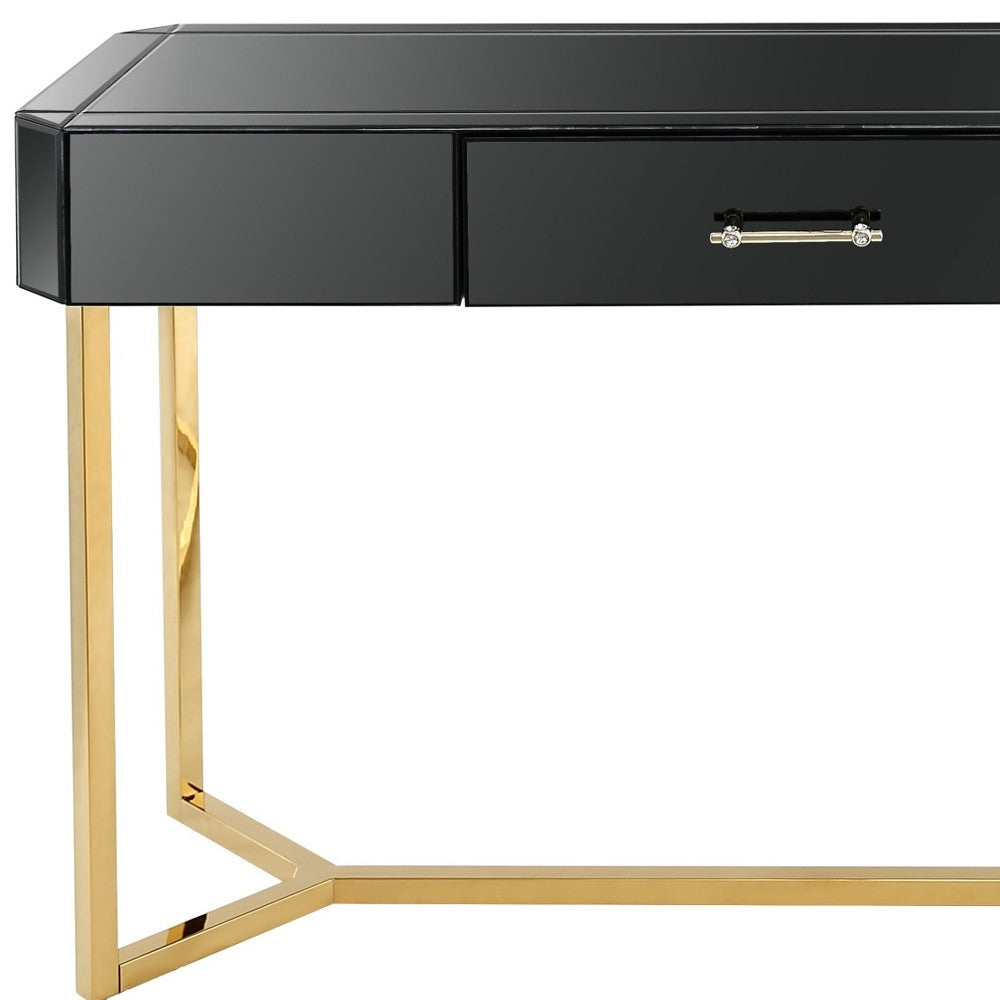 47" Black and Gold Mirrored Glass Frame Console Table And Drawers