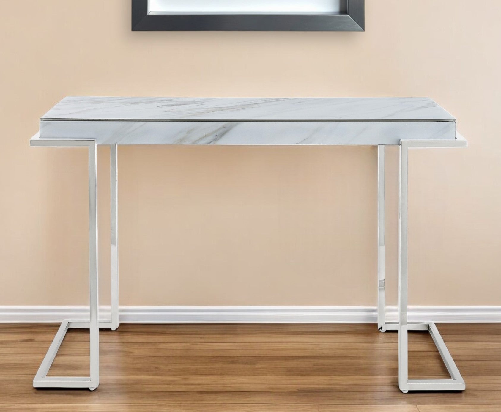 46" White and Silver Genuine Marble Sled Console Table