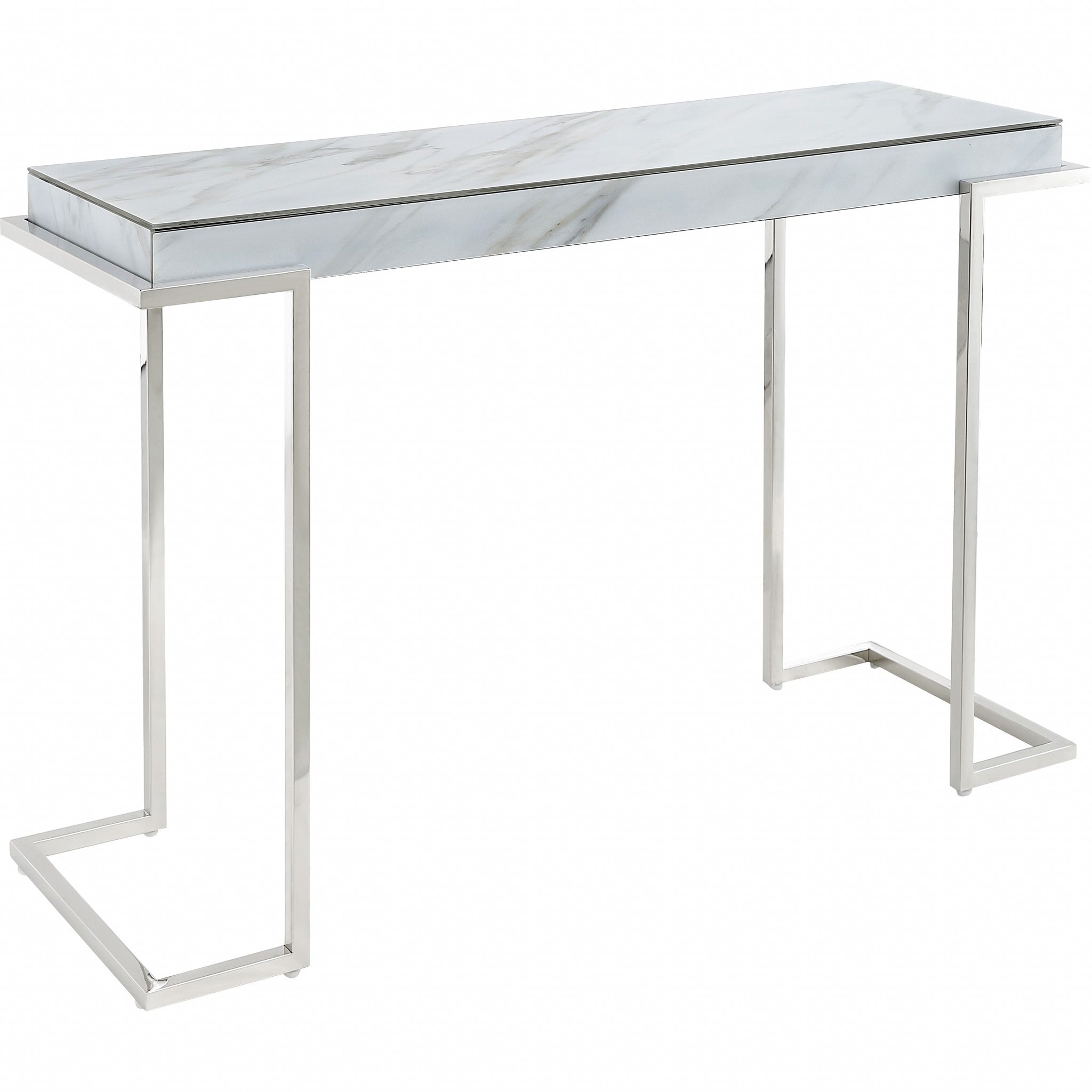 46" White and Silver Genuine Marble Sled Console Table