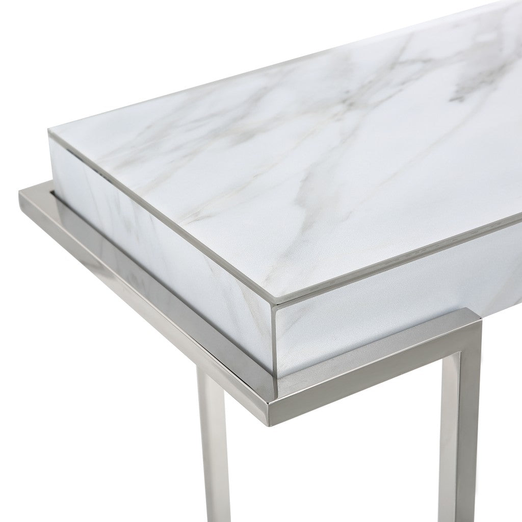 46" White and Silver Genuine Marble Sled Console Table