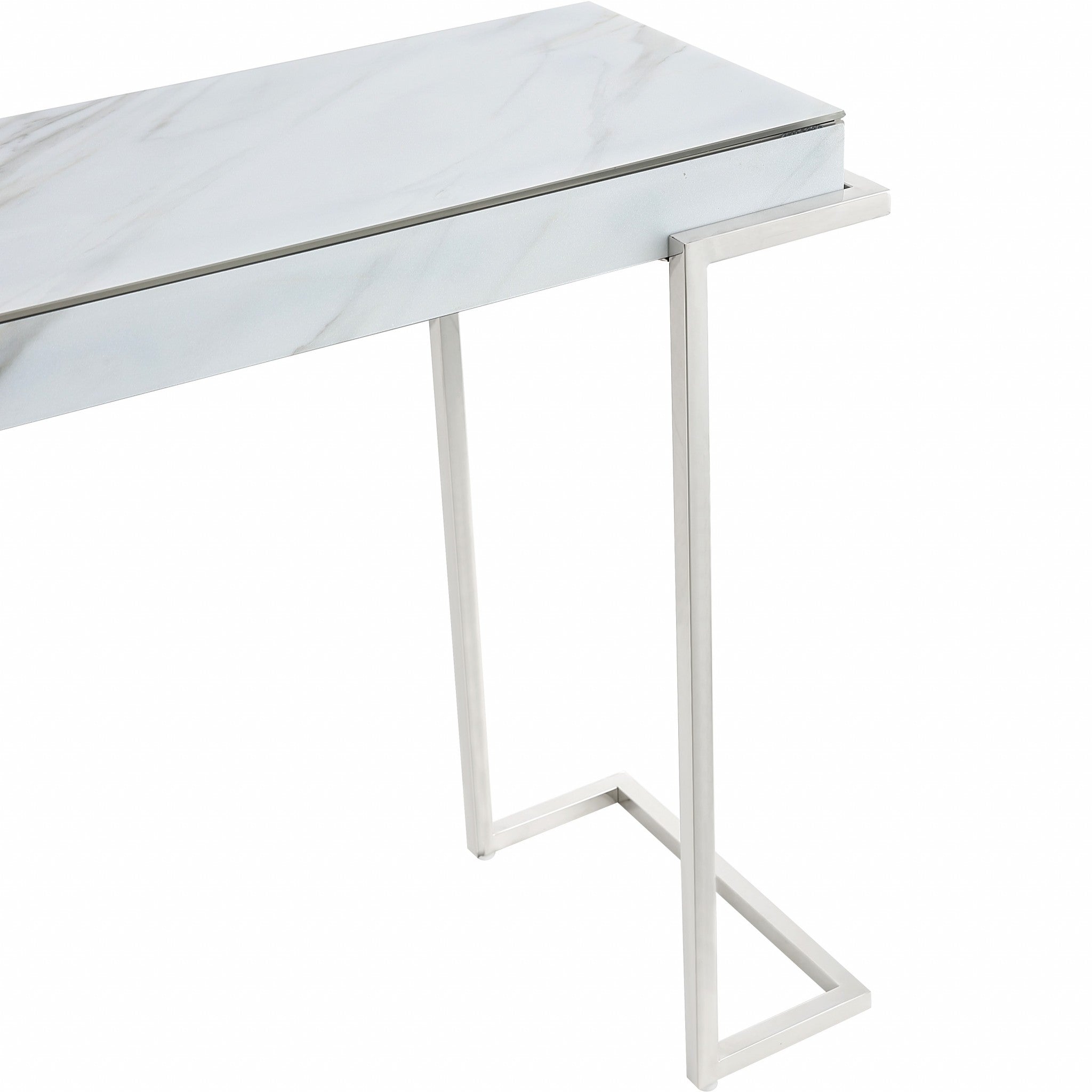 46" White and Silver Genuine Marble Sled Console Table