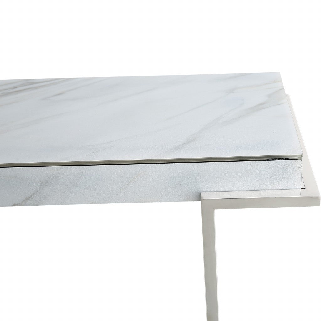 46" White and Silver Genuine Marble Sled Console Table