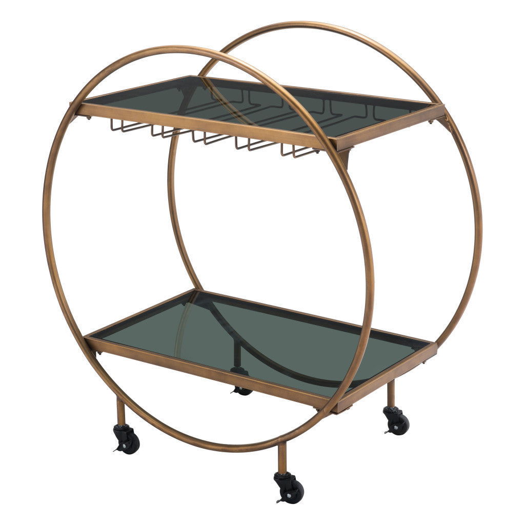 Black and Gold Iron And Mirrored Glass Rolling Bar Cart