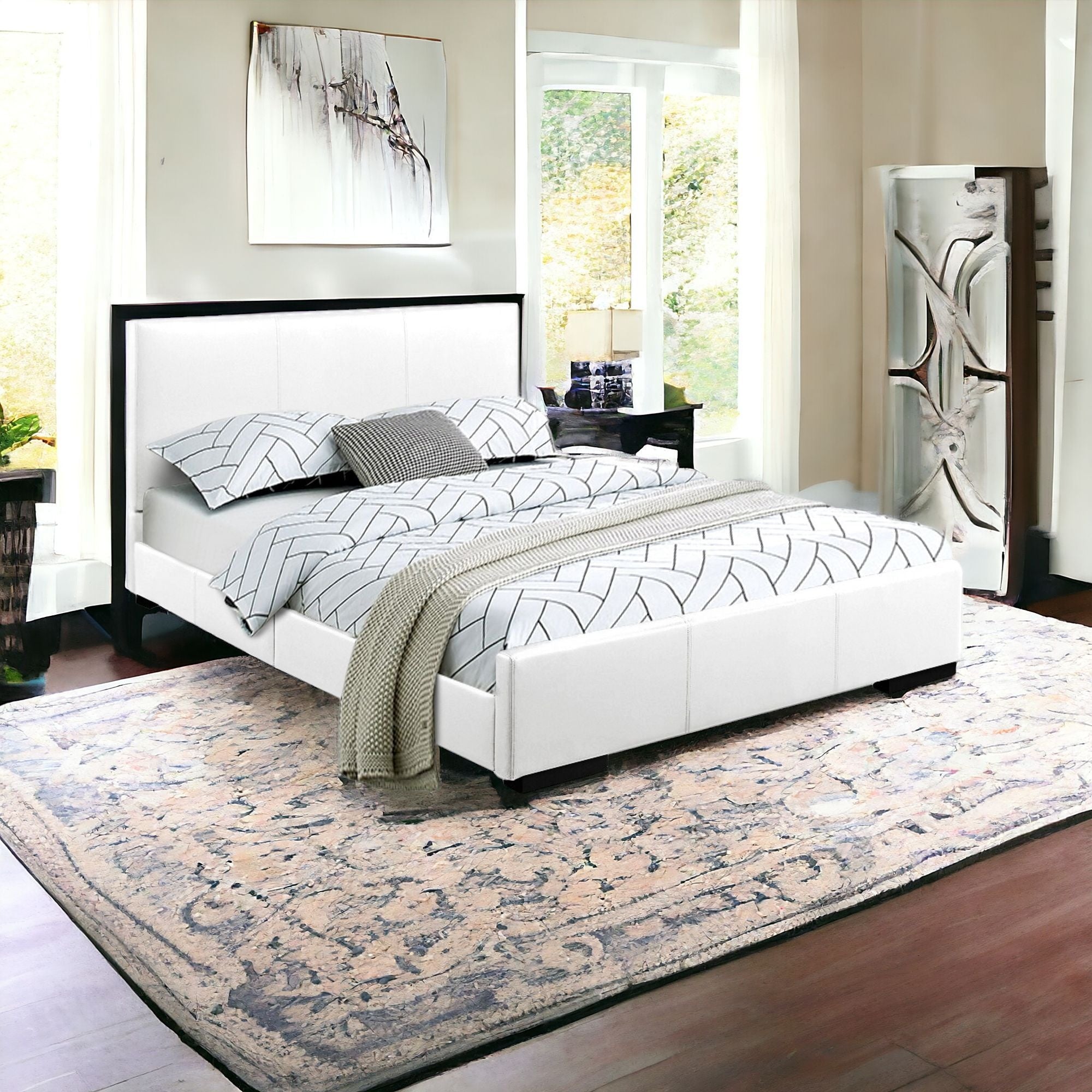 White Solid and Manufactured Wood Queen Upholstered Faux Leather Bed Frame