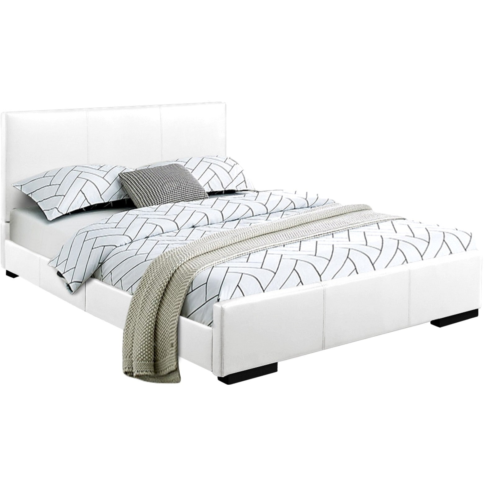 White Solid and Manufactured Wood Queen Upholstered Faux Leather Bed Frame