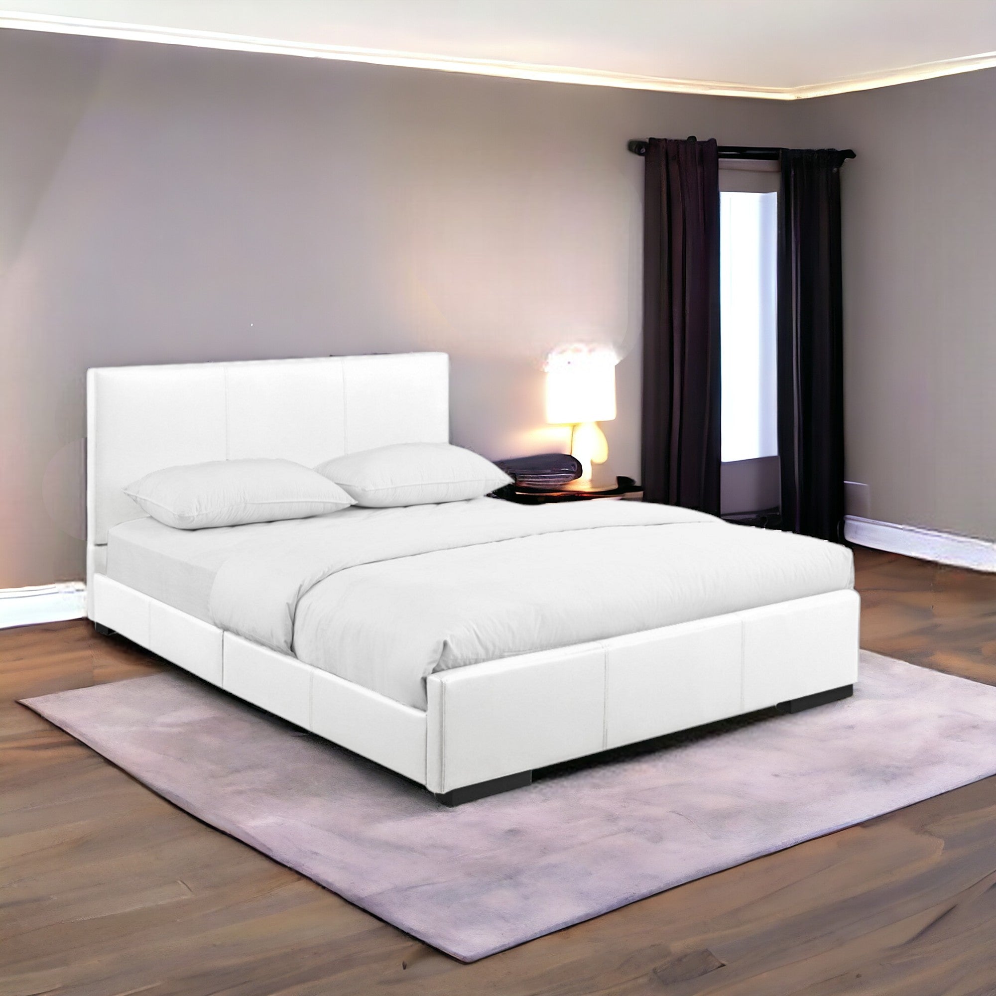 White Solid and Manufactured Wood Queen Upholstered Faux Leather Bed Frame