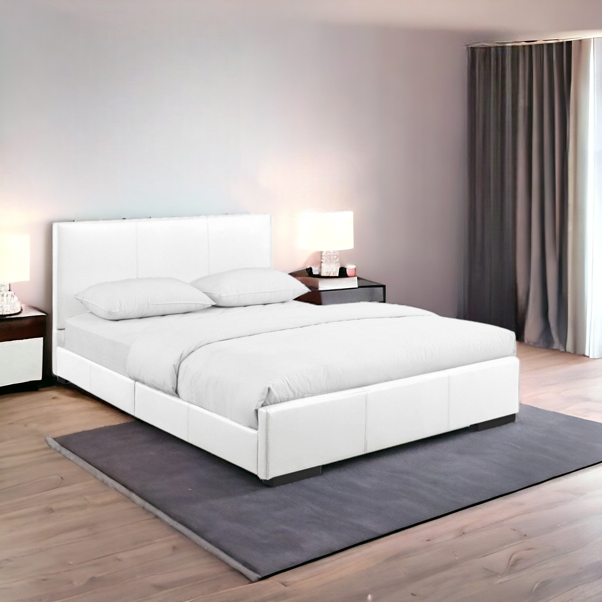 White Solid and Manufactured Wood Queen Upholstered Faux Leather Bed Frame