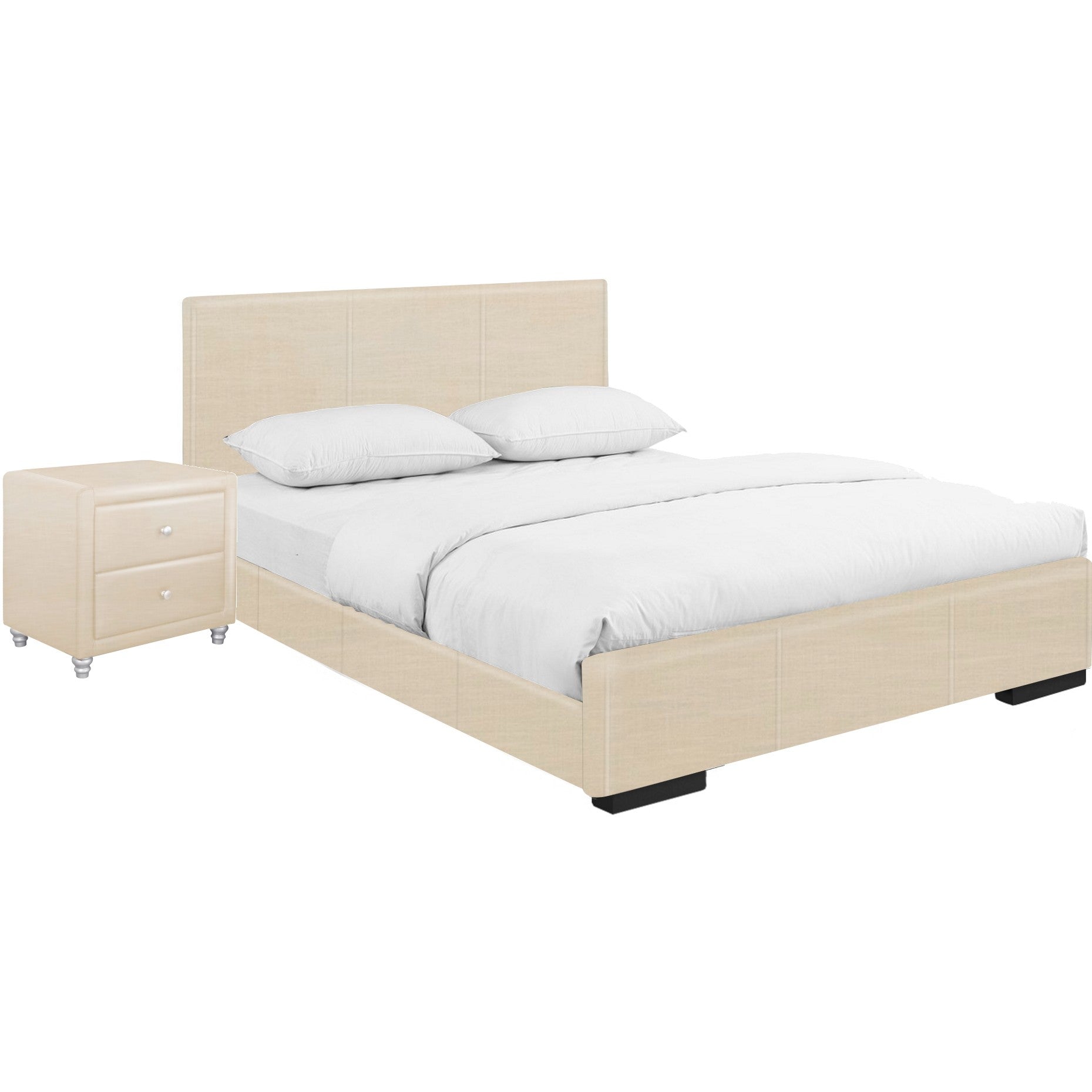 Beige Solid and Manufactured Wood Full Upholstered Faux Leather Bed Frame