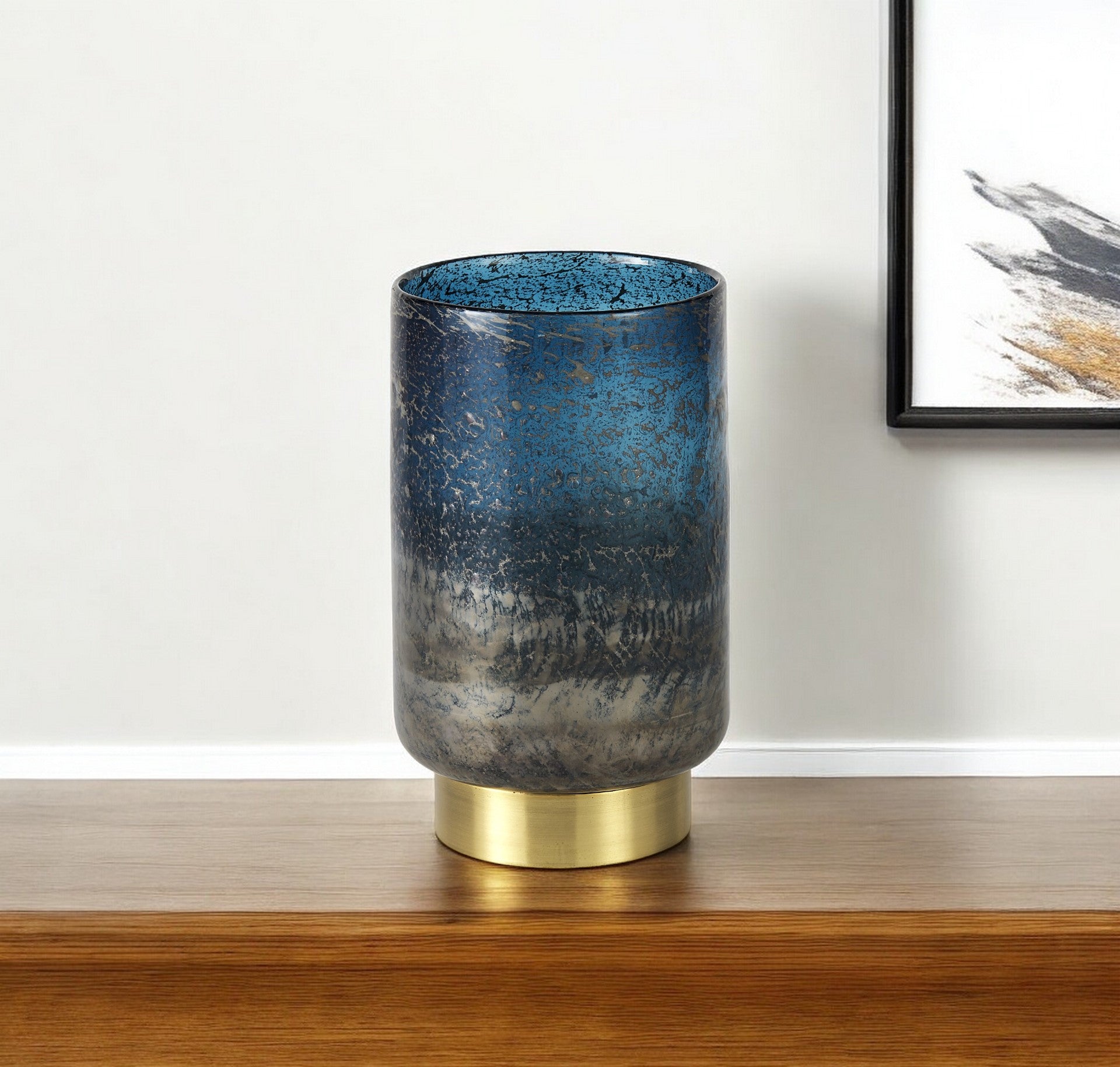 10" Artisan Blue and Gold Metallic Flat Bottom Vase