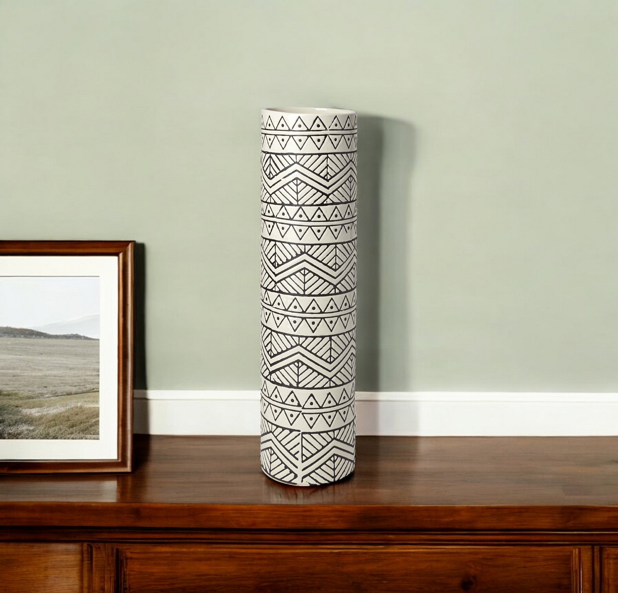 17" Cream and Charcoal Geometric Cylinder Ceramic Vase