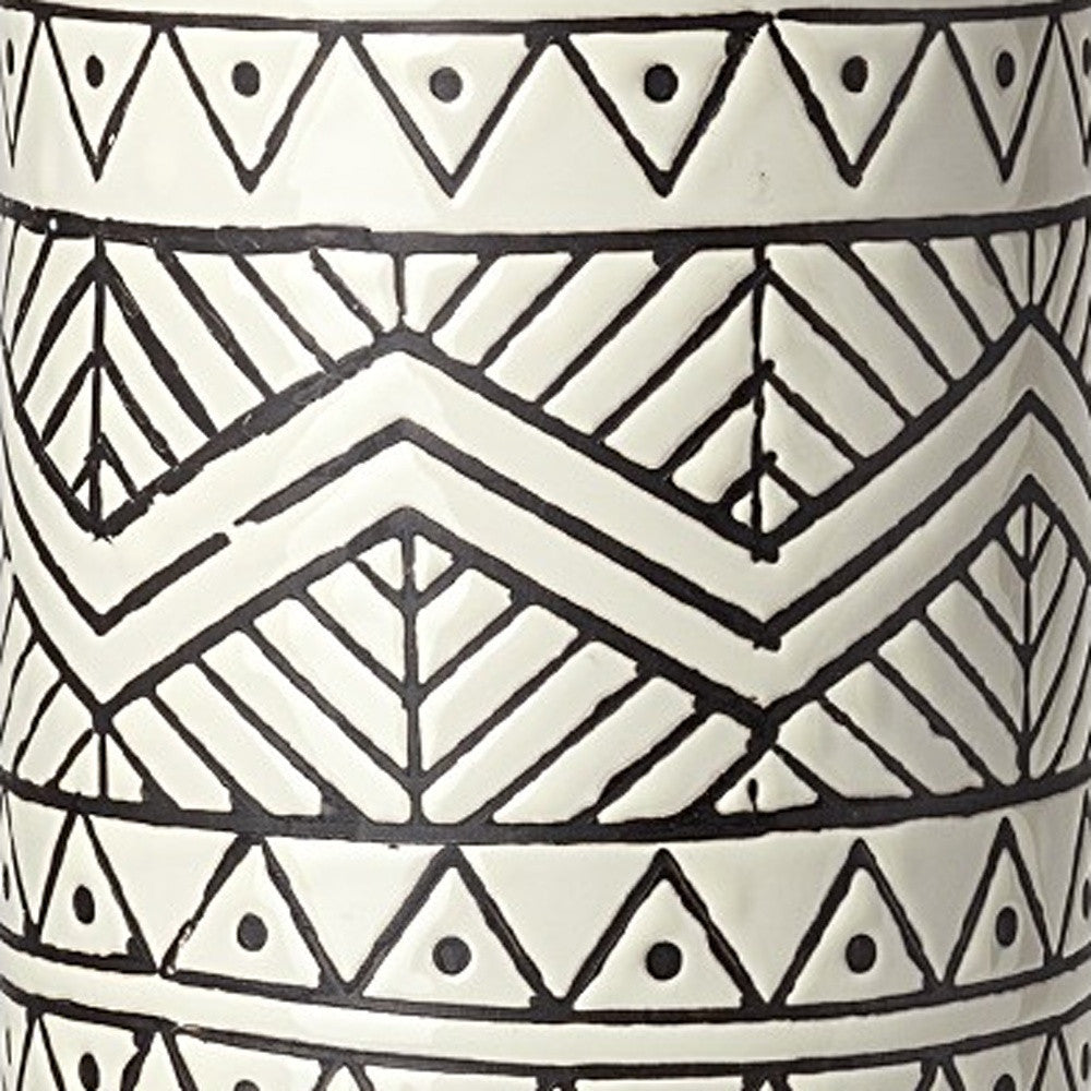 17" Cream and Charcoal Geometric Cylinder Ceramic Vase