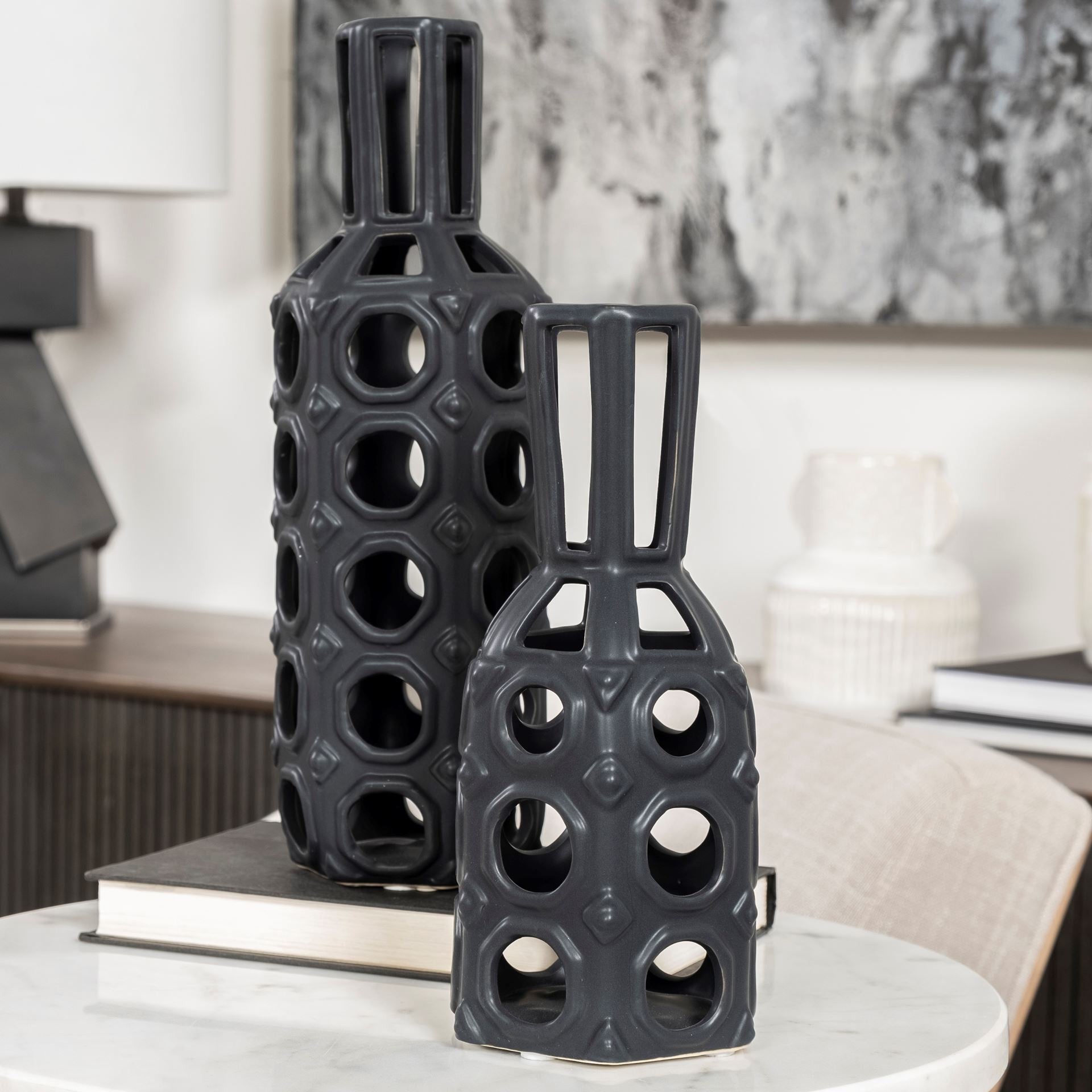 12" Black Pierced Pattern Ceramic Vase
