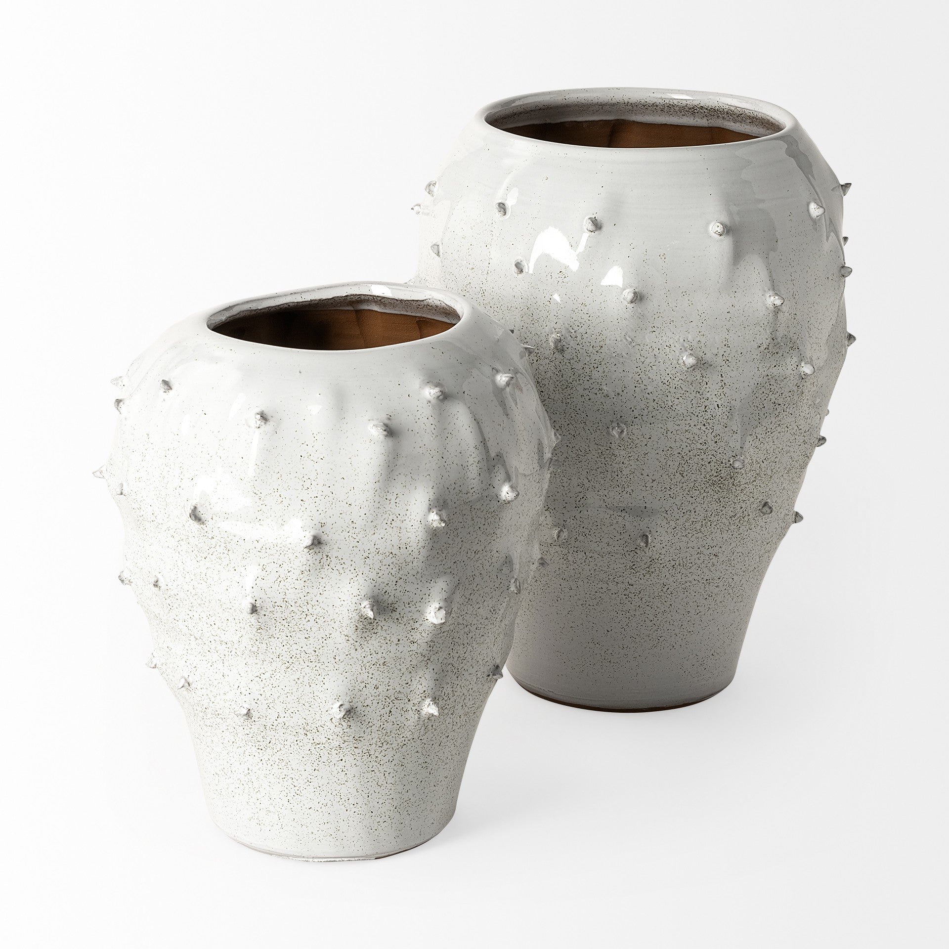 11" White Spiked Organic Glaze Large Mouth Ceramic Vase