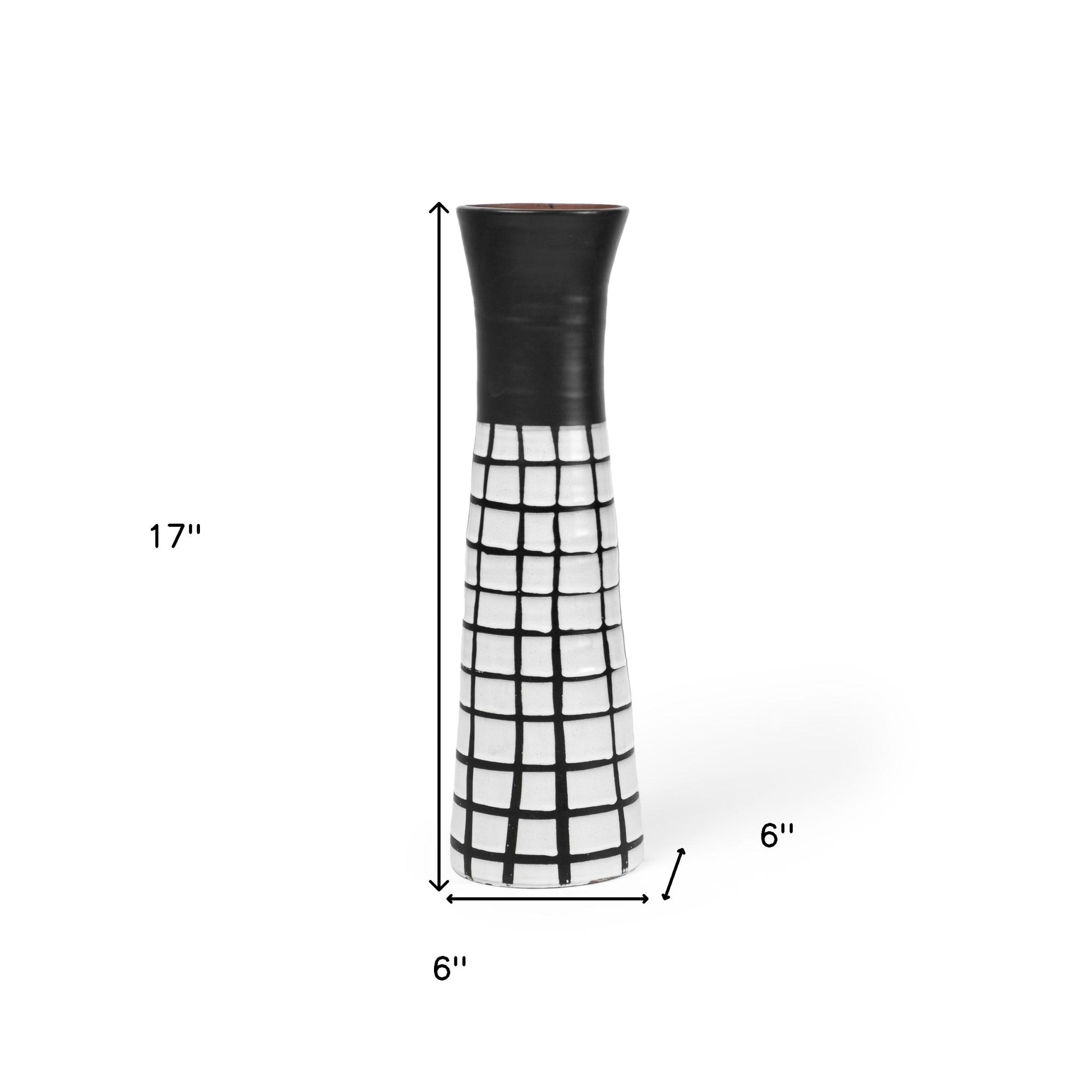 17" Black and White Modern Grid Ceramic Vase