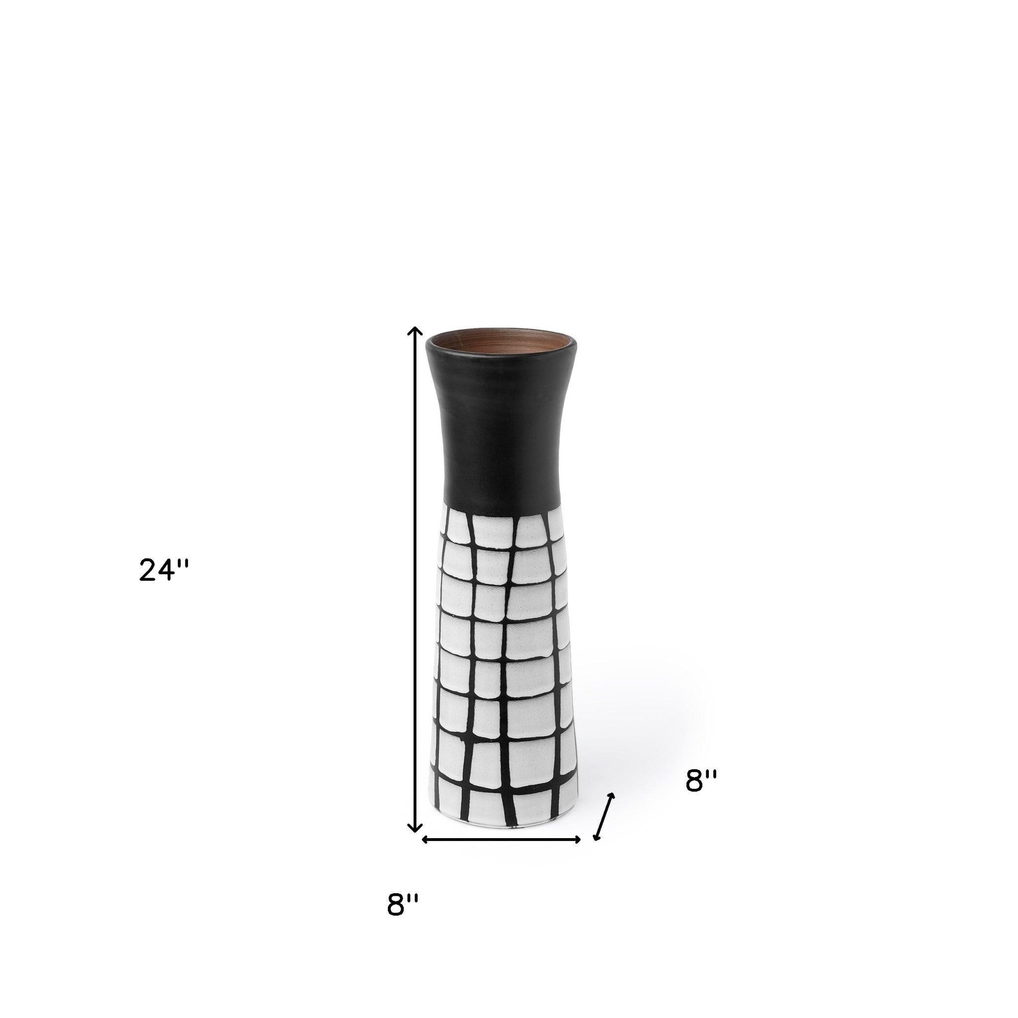 24" Black and White Modern Grid Ceramic Vase