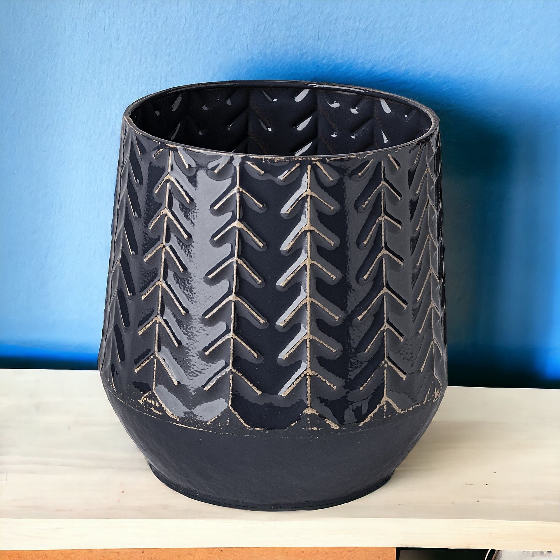 7" Navy Organically Embossed Chevron Metal Vase