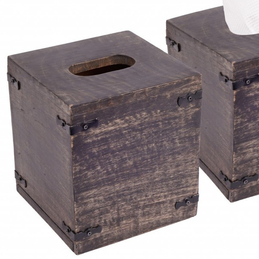 Set of 2 Rustic Dark Burnt Mango Wood Square Tissue Holders