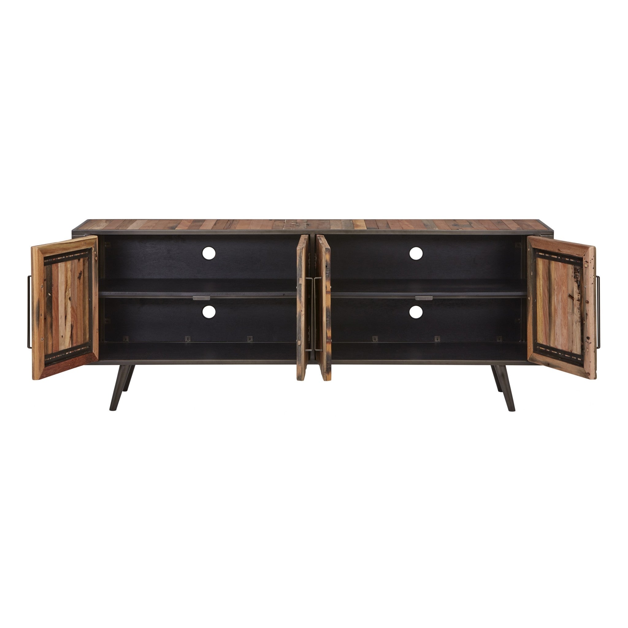 79" Wood Brown Recycled Boat Wood And Iron Cabinet Enclosed Storage TV Stand