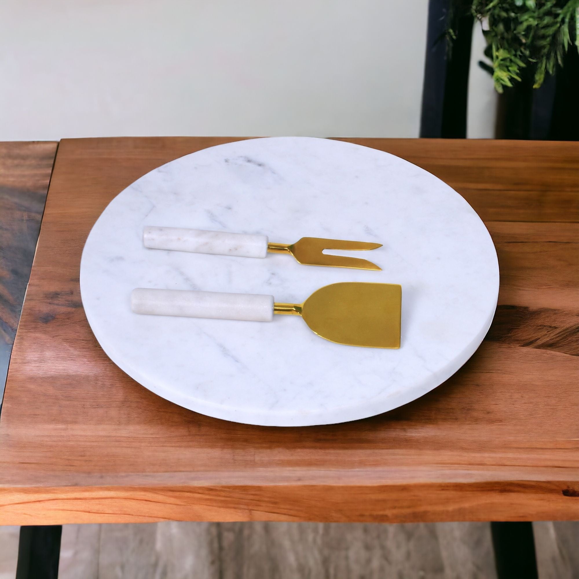 12" Wood and Marble Cheese Board and Knife Set