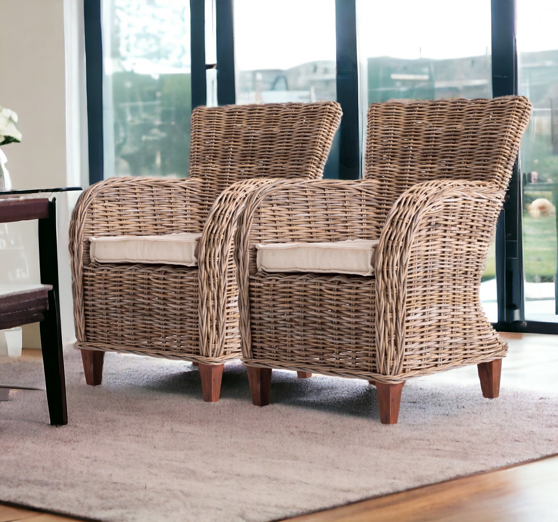 Set Of 2 Natural Brown Cotton Wingback Dining Chairs