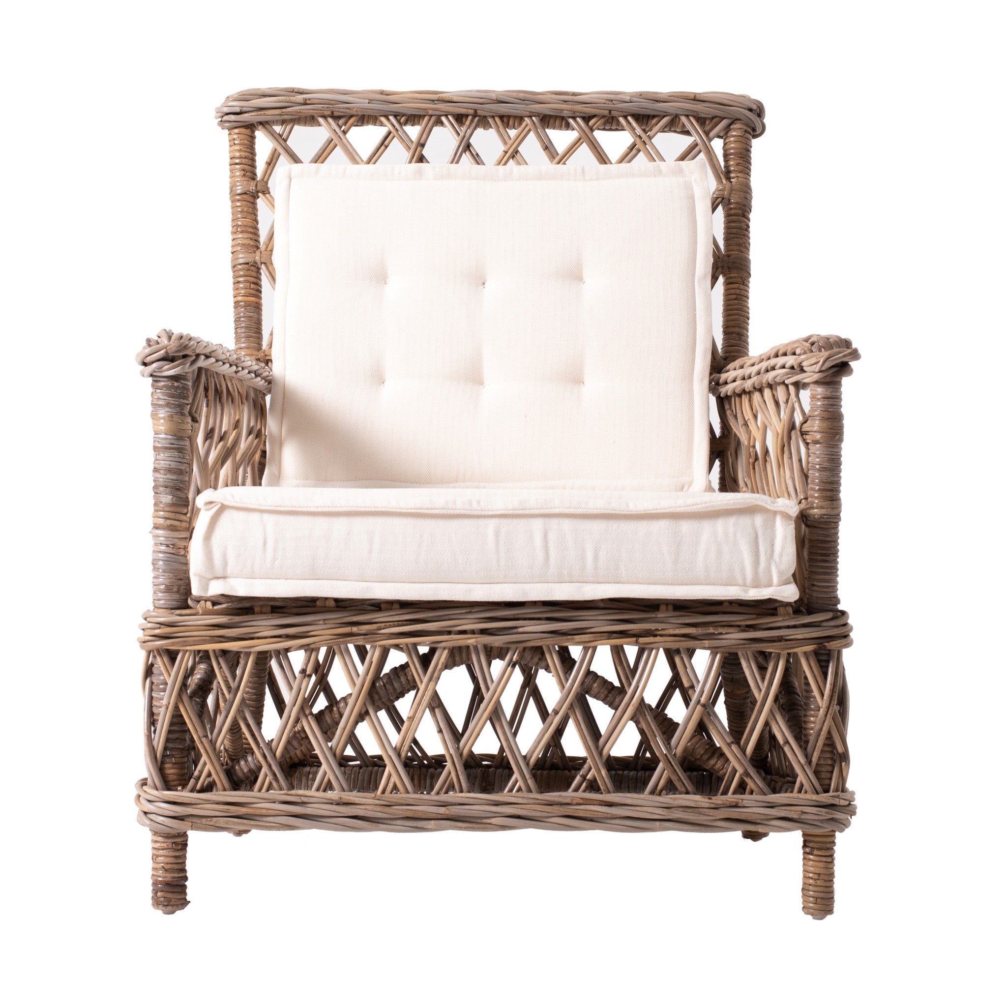 Set of Two Natural Lattice Wicker Arm Chairs with Seat Cushions