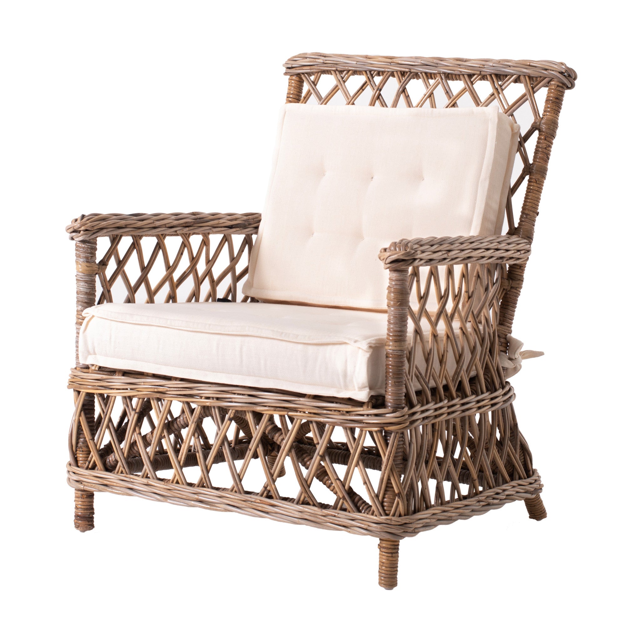 Set of Two Natural Lattice Wicker Arm Chairs with Seat Cushions