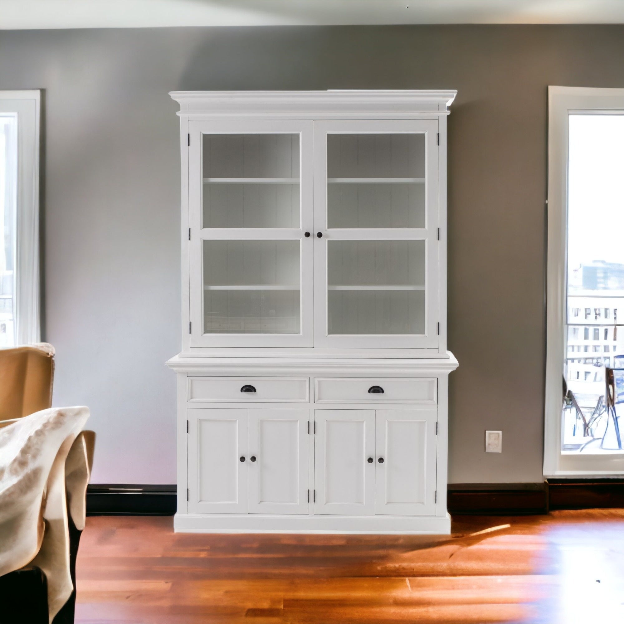 57" White Solid Wood Frame Dining Hutch With Twelve Shelves And Two Drawers